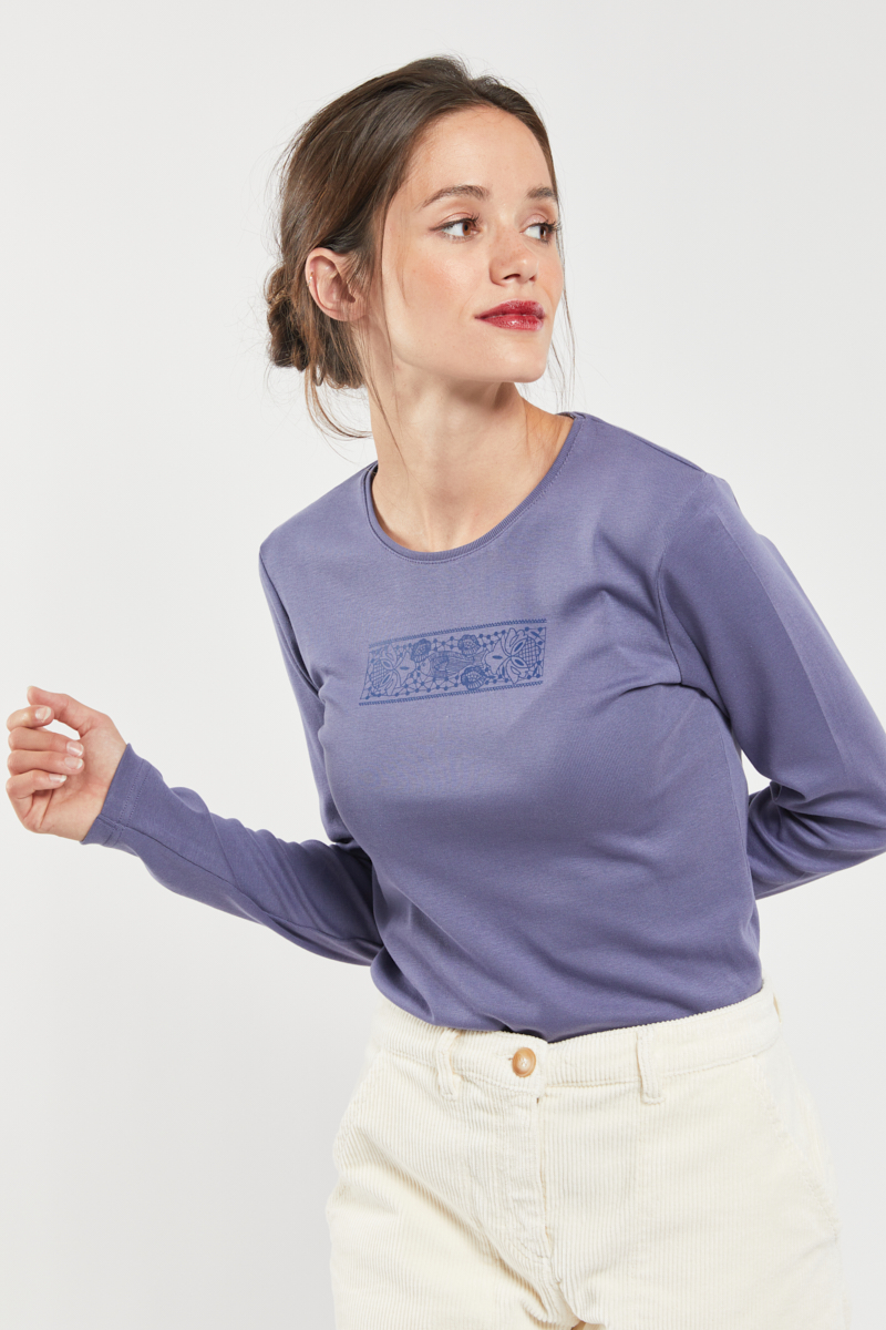 ARMOR-LUX T-shirt manches longues poissons- coton Femme Aniline Séri Poissons Brod XS - 36