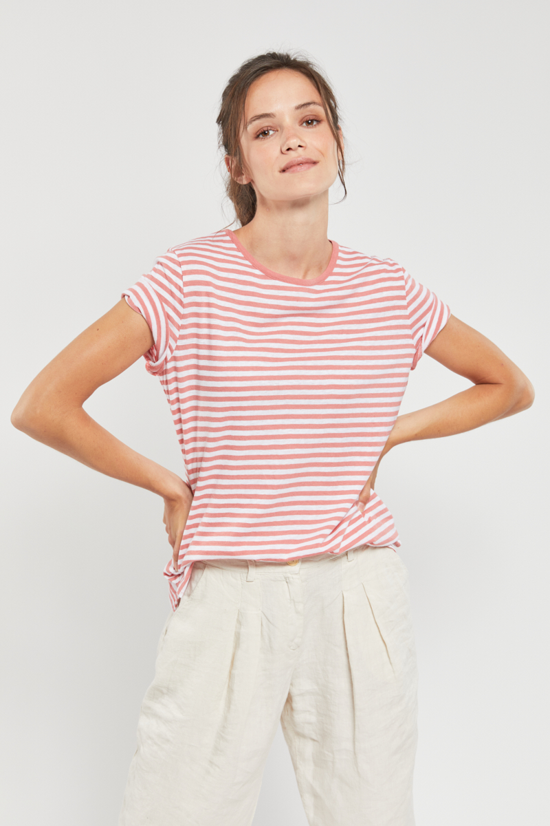 ARMOR-LUX T-shirt rayé - coton et lin Femme Blanc/Lantana XS - 36