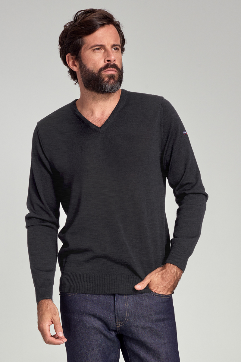 ARMOR-LUX Pull col V Noyal - laine mérinos Homme Anthracite 2XL