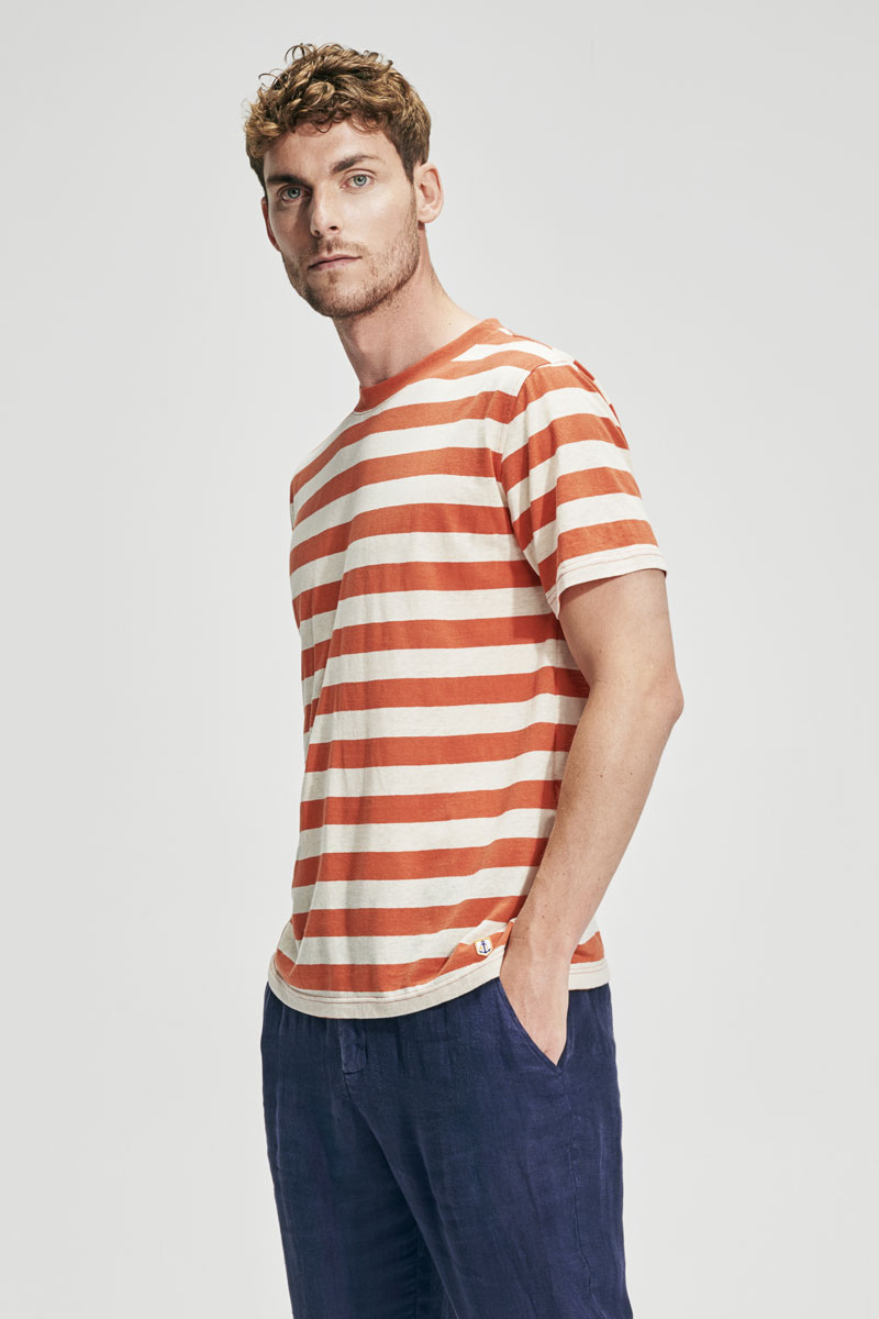 ARMOR-LUX T-shirt rayé Héritage - coton et lin Homme Orange henné/Nature XL