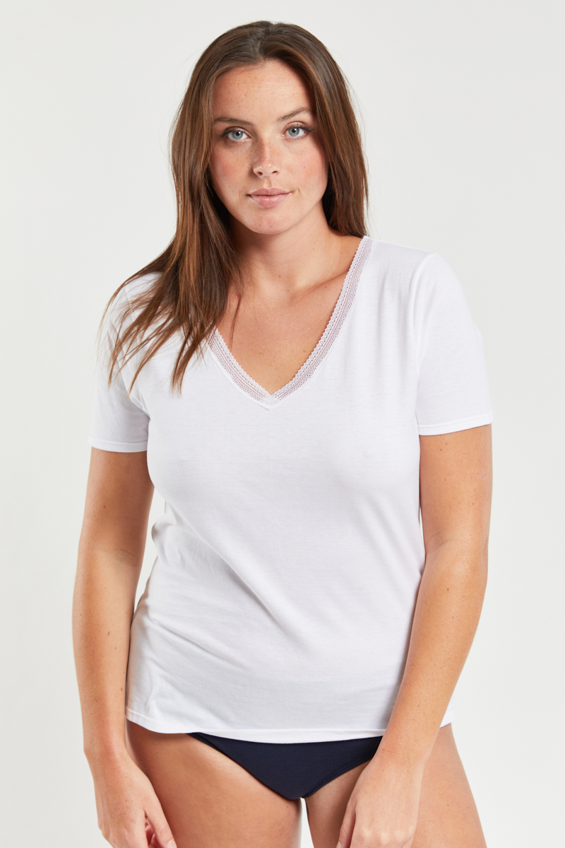 ARMOR-LUX T-shirt col V - coton léger issu de l'agriculture biologique Femme BLANC L - 42