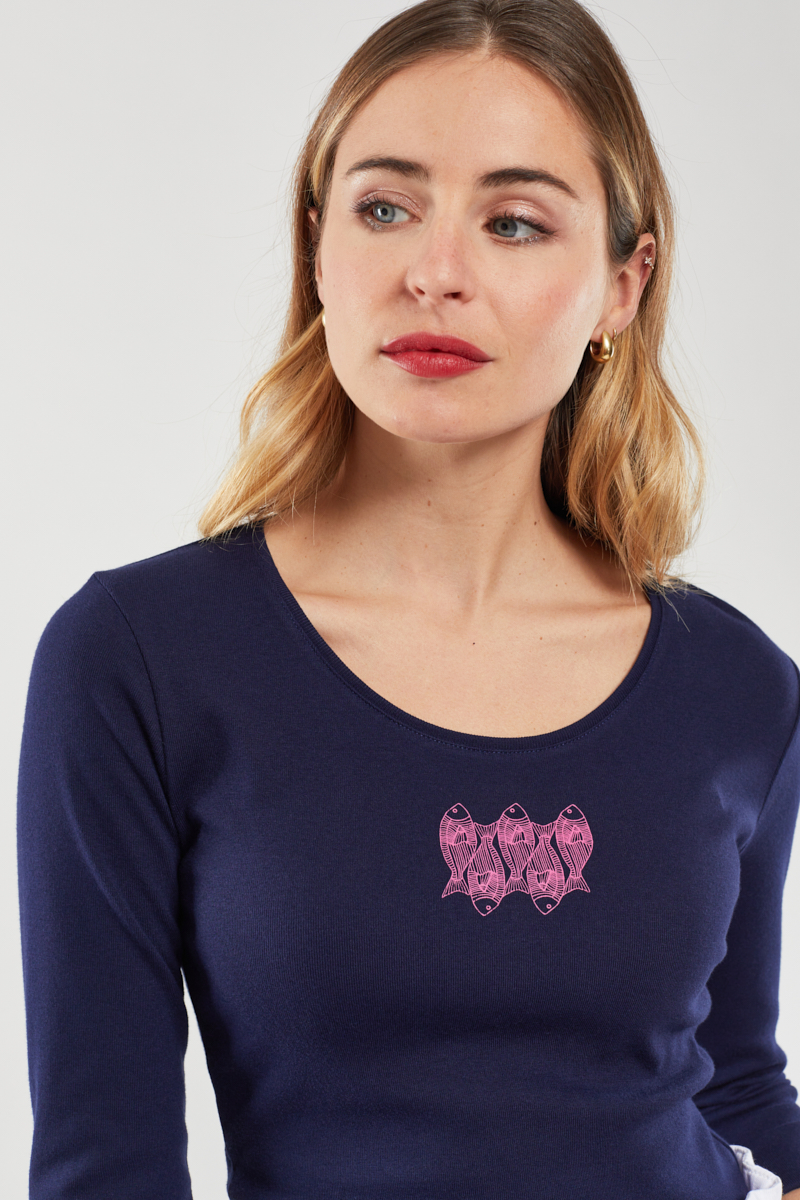 ARMOR-LUX T-shirt manches 3/4 "poissons" - coton léger Femme Seal Séri. Quatuor Poisson L - 42