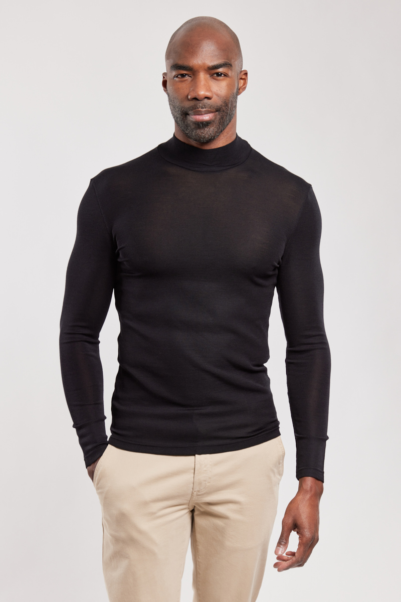 ARMOR-LUX T-shirt manches longues col haut - laine et soie Homme Noir 4XL
