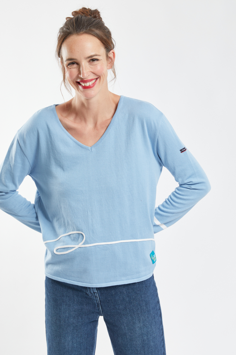 ARMOR-LUX Pull col V Route du Rhum - Destination Guadeloupe Femme Bleu Dauphin M